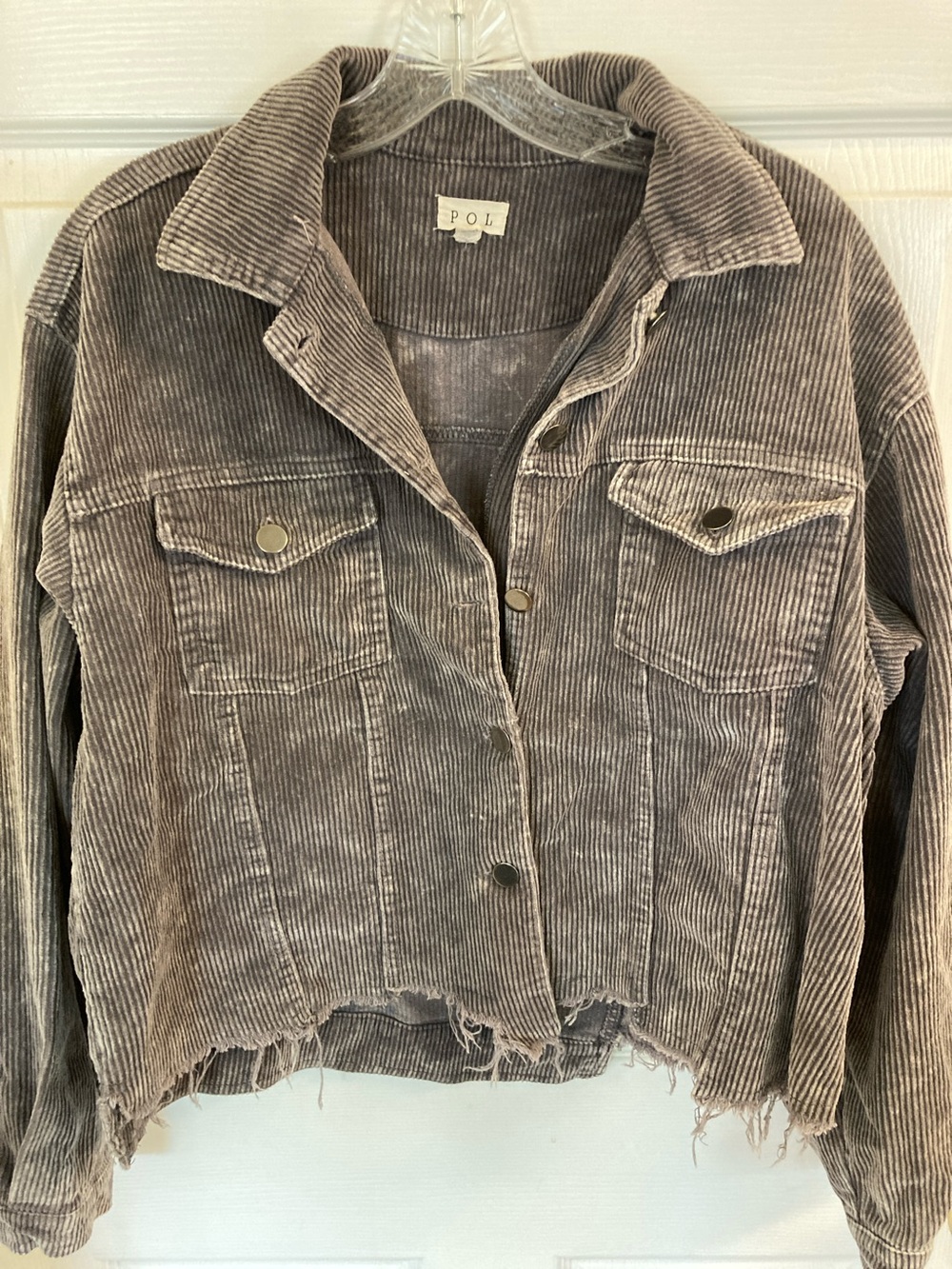 POL Cropped Corduroy Distressed Jacket in Taupe Gray